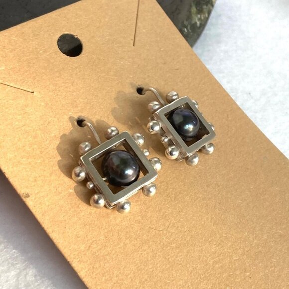 Sterling Silver 925 Modernist Style Square Freshwater Pearl Dangle Earrings - Picture 6 of 16